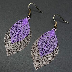 Gray and Purple Double Filigree Boho Leaf Dangling Yellow Gold Hook Earrings